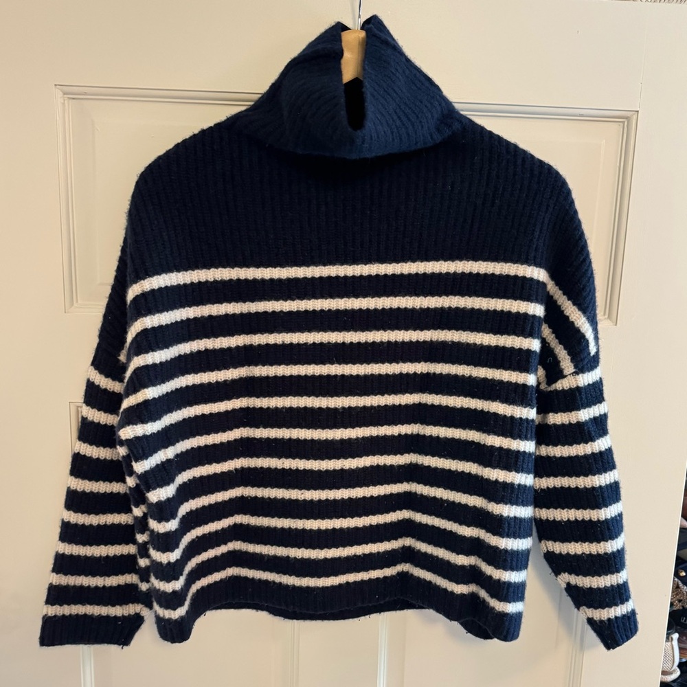 J. Crew Navy and White Striped Cashmere Turtleneck Sweater